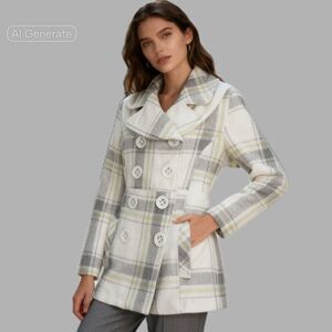 rue21 Plaid Button Pea Coat Collared Pockets Belted White Gray Green Sz S